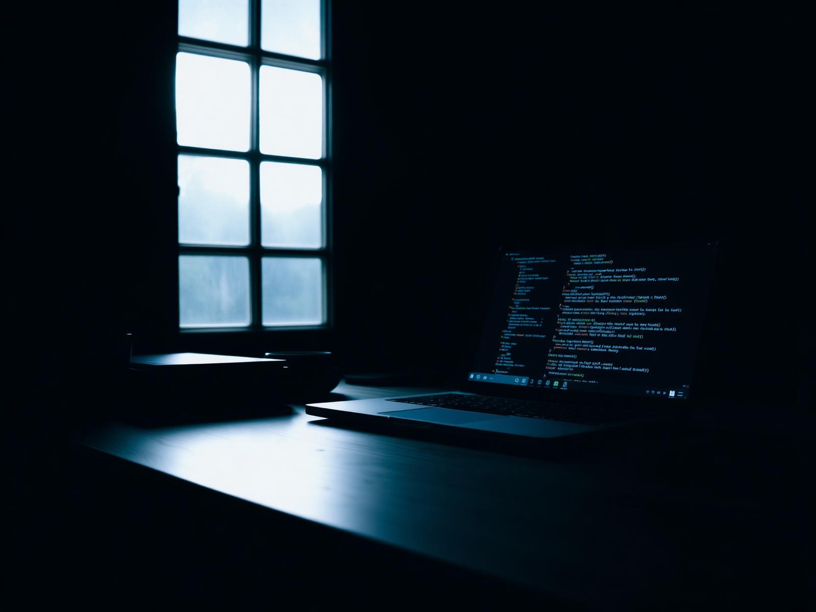 A minimalist workspace with a laptop displaying code